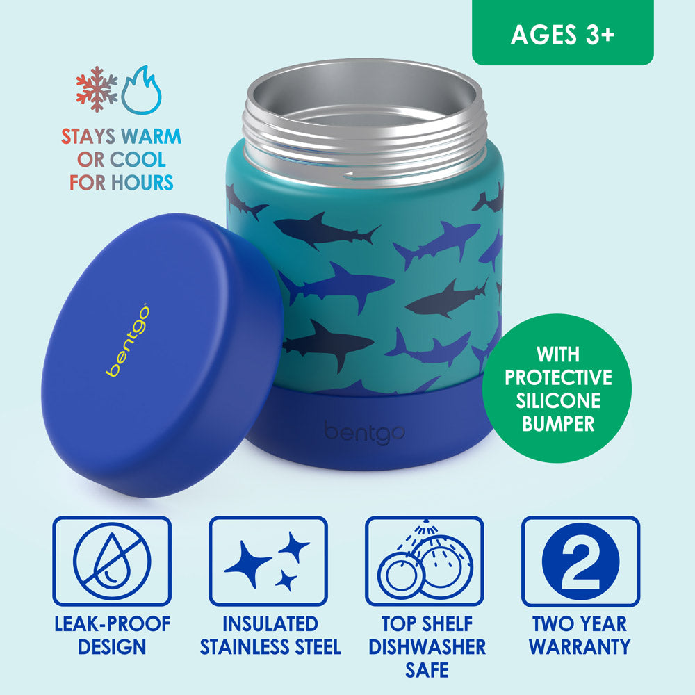 Bentgo® Kids Stainless Steel Food Jar - Sharks | Stainless Steel Food Jar Features Leak-Proof Design With Protective Silicone Bumper