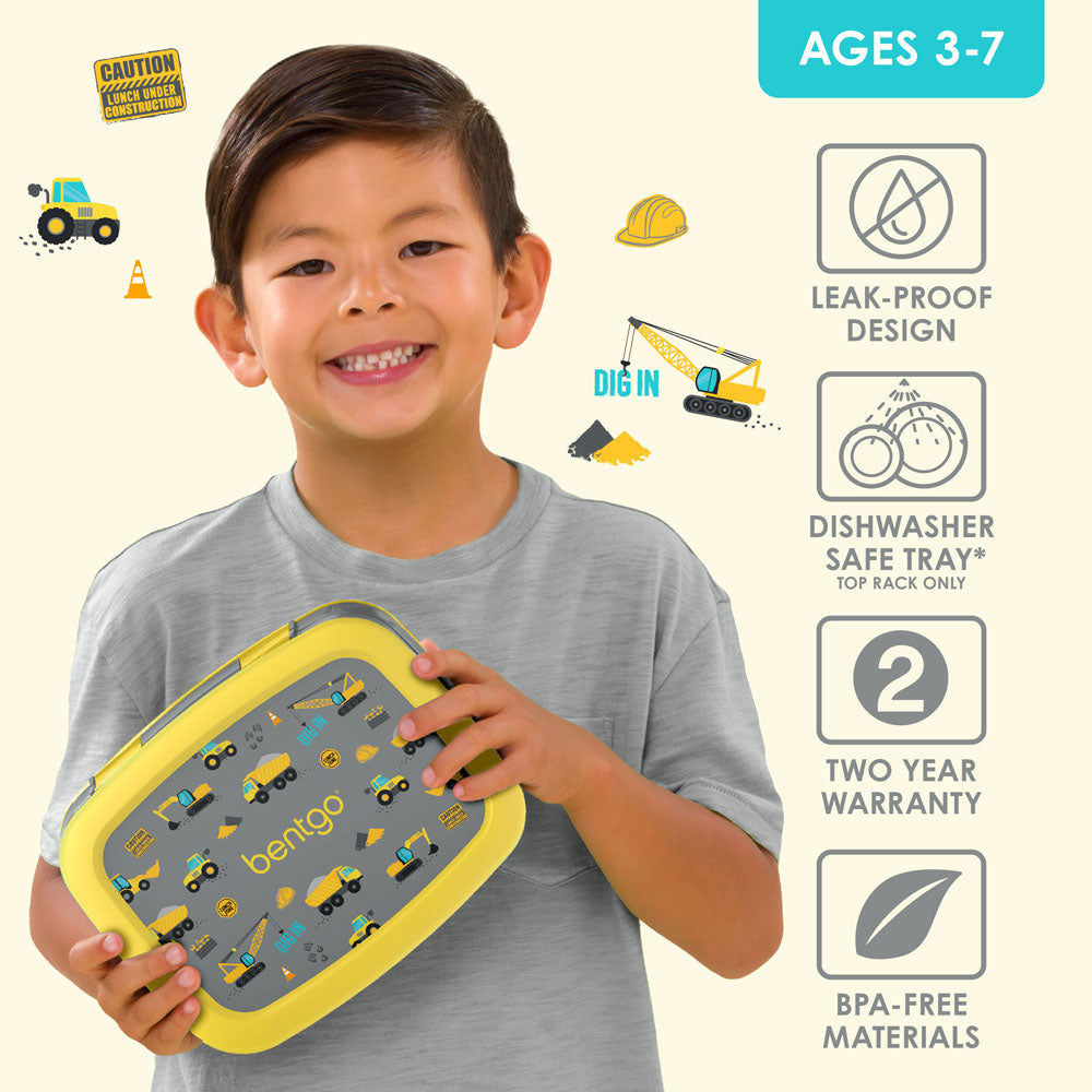 Bentgo Kids Prints Lunch Box - Construction Trucks | Leak-Proof Lunch Box Design Made With BPA-Free Materials