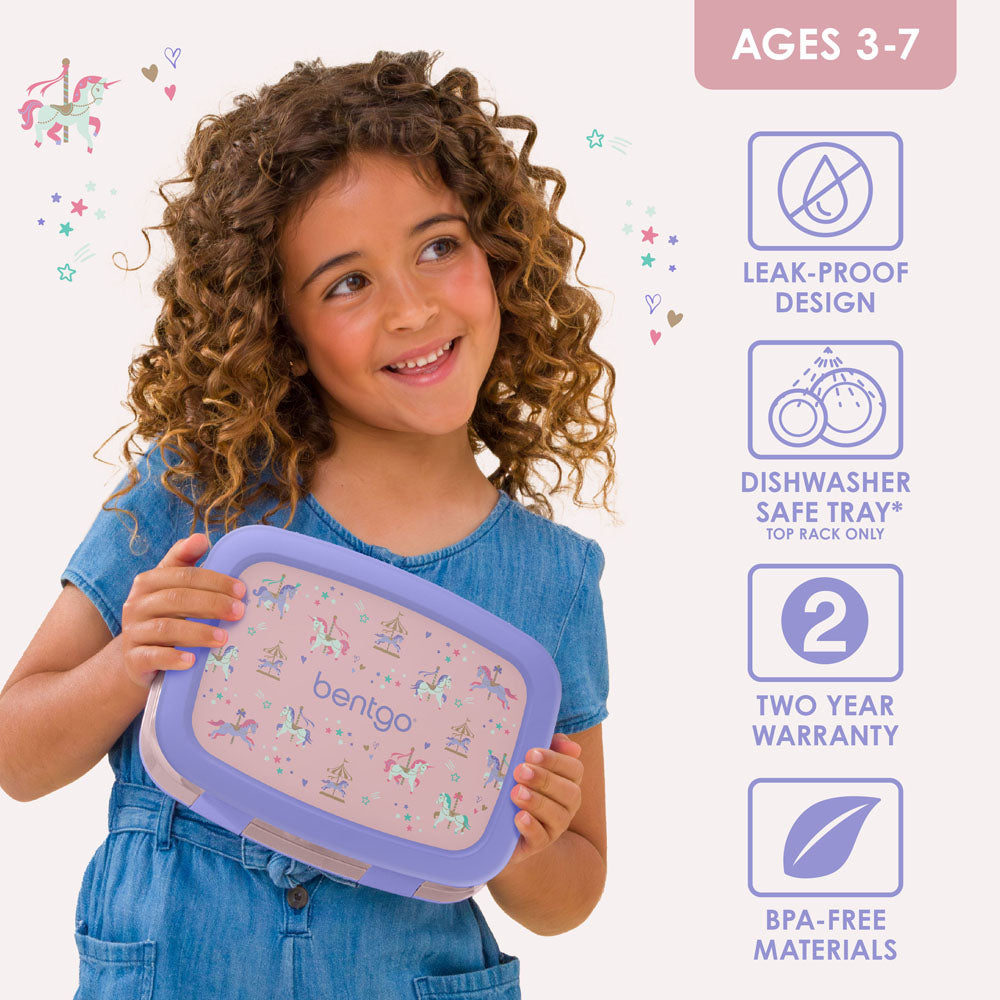 Bentgo Kids Prints Lunch Box - Carousel Unicorns | Leak-Proof Lunch Box Design Made With BPA-Free Materials