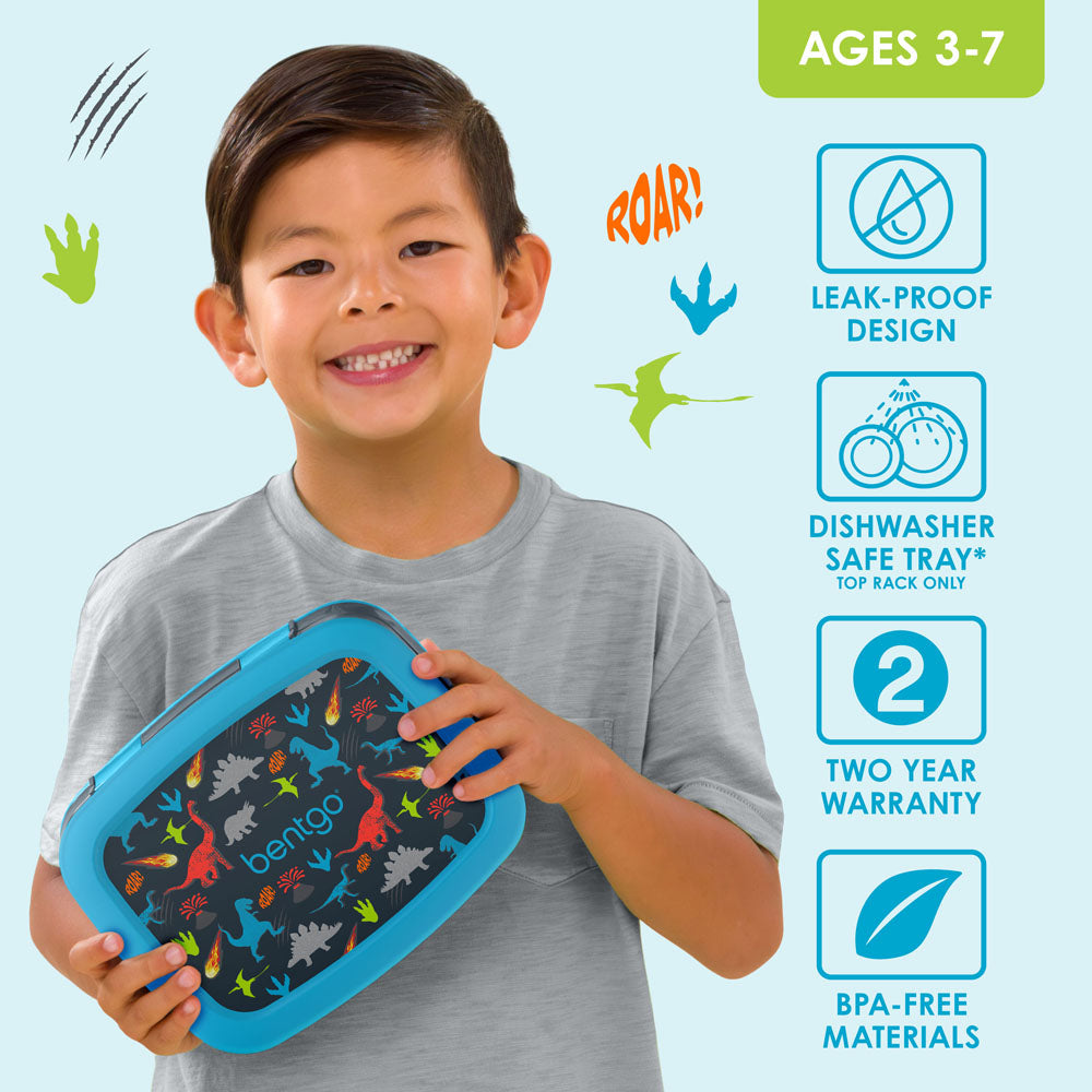 Bentgo Kids Prints Lunch Box - Dinosaur | Leak-Proof Lunch Box Design Made With BPA-Free Materials