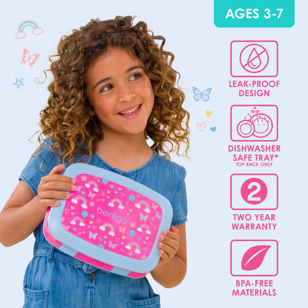 Bentgo Kids Prints Lunch Box - Rainbows and Butterflies | Leak-Proof Lunch Box Design Made With BPA-Free Materials