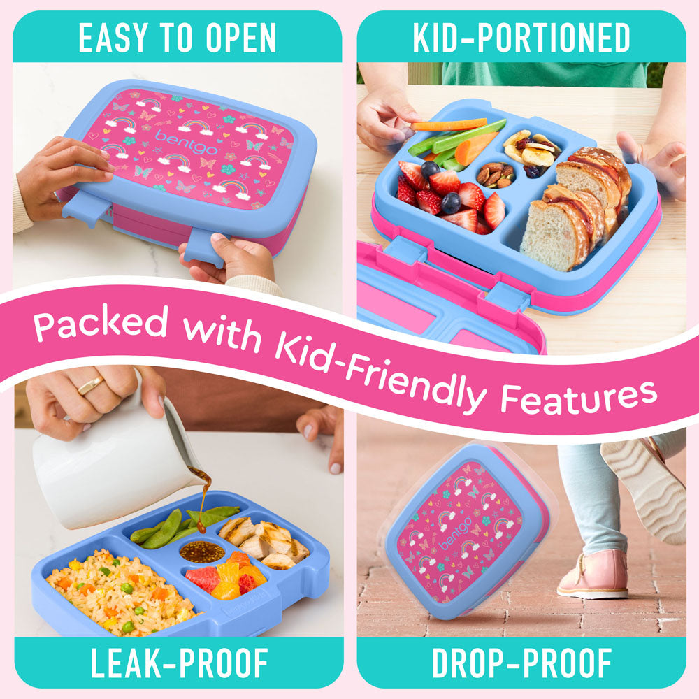 Bentgo Kids Prints Lunch Box - Rainbows and Butterflies | Kids Lunch Box Packed With Kid-Friendly Features Such As Easy To Open And Drop-Proof