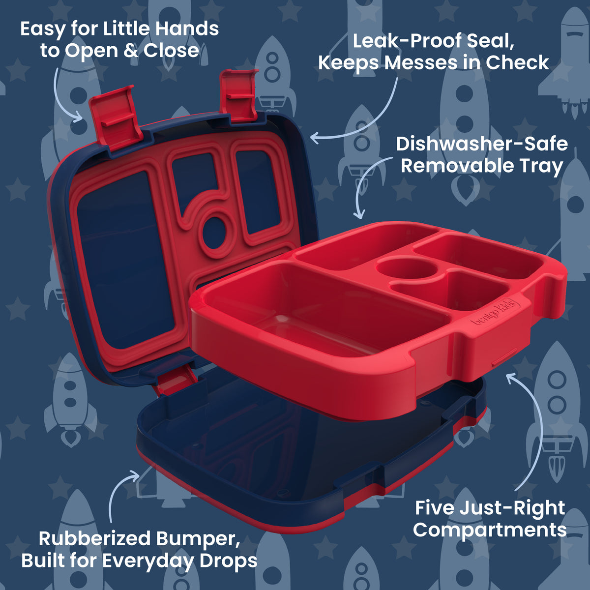 Bentgo Kids Prints Lunch Box - 
Space Rockets | Kids Lunch Box Features Include Easy For Little Hands To Open & Close, Leak-Proof Seal That Keeps Messes In Check, Dishwasher-Safe Removable Tray, Rubberized Bumper Built For Everyday Drops, And Five Just-Right Compartments