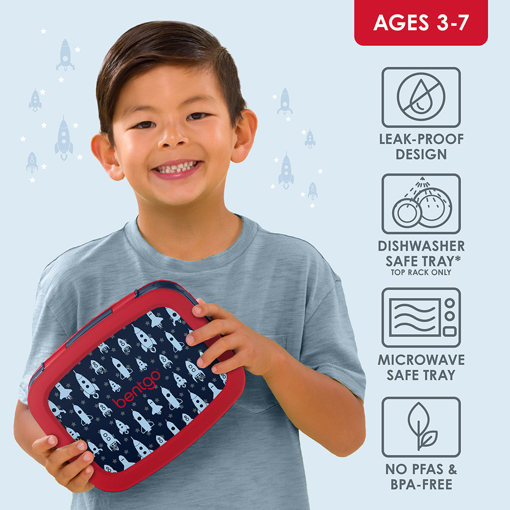 Bentgo Kids Prints Lunch Box - Space Rockets | Leak-Proof Design, Dishwasher Safe Tray (Top Rack Only), Microwave Safe Tray And No PFAS & BPA-Free