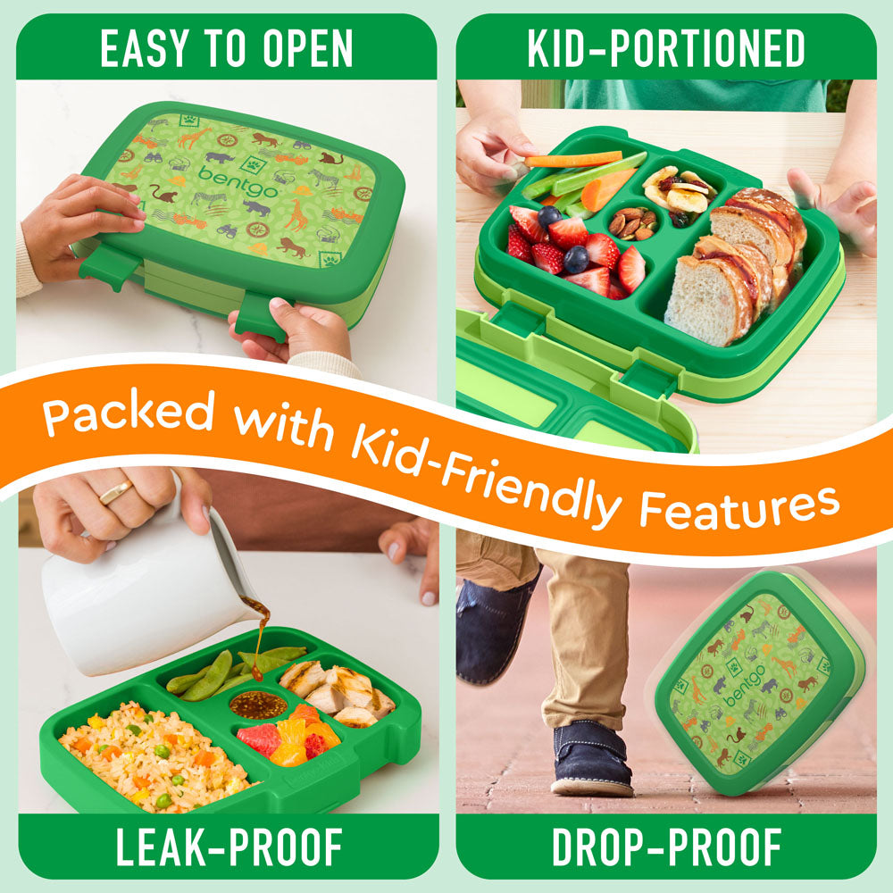 Bentgo Kids Prints Lunch Box - Safari | Kids Lunch Box Packed With Kid-Friendly Features Such As Easy To Open And Drop-Proof