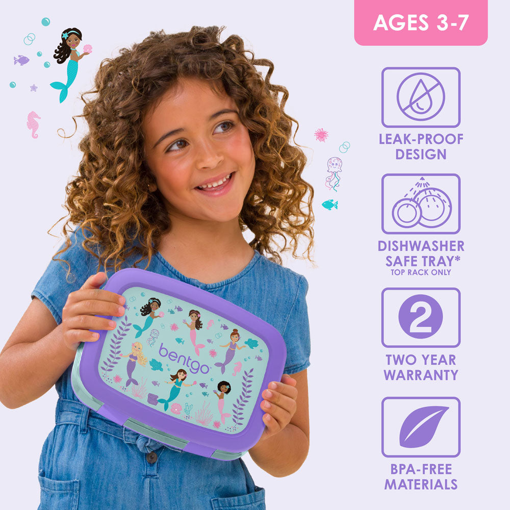 Bentgo Kids Prints Lunch Box - Mermaids in the Sea | Leak-Proof Lunch Box Design Made With BPA-Free Materials