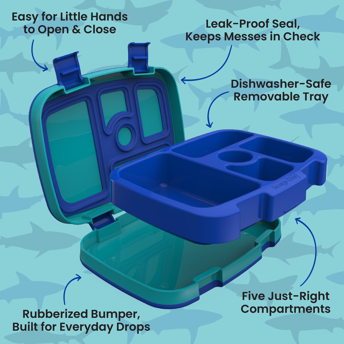 Bentgo Kids Prints Lunch Box - Sharks | Kids Lunch Box Features Include Easy For Little Hands To Open & Close, Leak-Proof Seal That Keeps Messes In Check, Dishwasher-Safe Removable Tray, Rubberized Bumper Built For Everyday Drops, And Five Just-Right Compartments