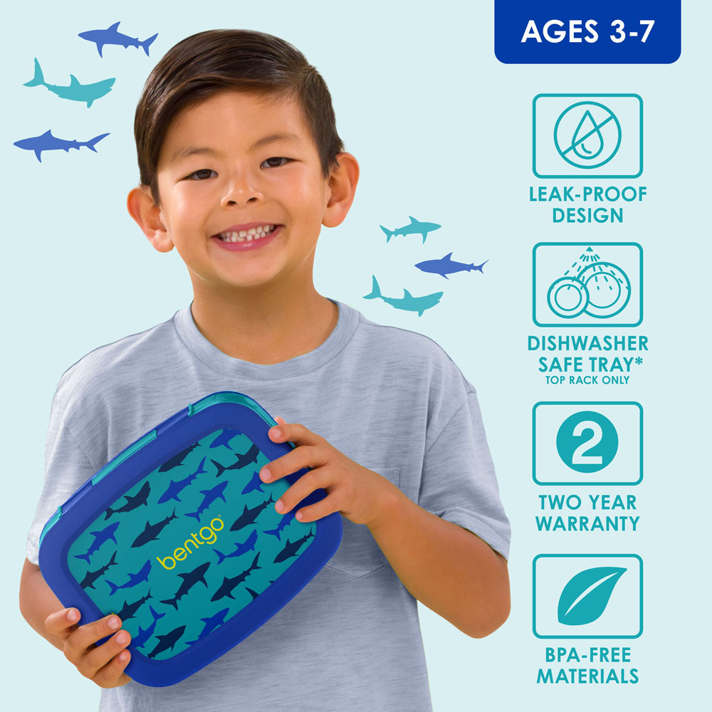 Bentgo Kids Prints Lunch Box - Sharks | Leak-Proof Lunch Box Design Made With BPA-Free Materials