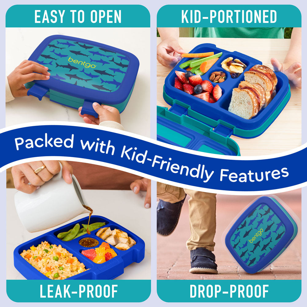 Bentgo Kids Prints Lunch Box - Sharks | Kids Lunch Box Packed With Kid-Friendly Features Such As Easy To Open And Drop-Proof