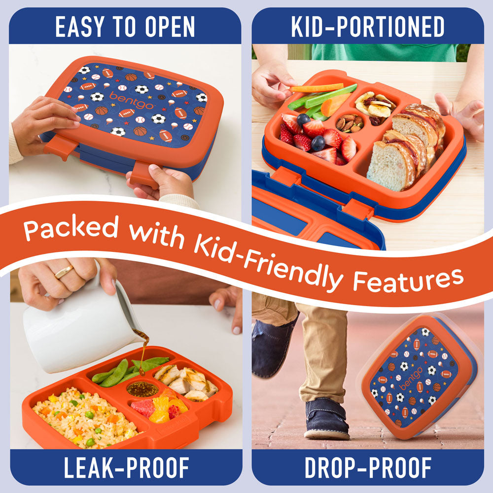 Bentgo Kids Prints Lunch Box - Sports | Kids Lunch Box Packed With Kid-Friendly Features Such As Easy To Open And Drop-Proof