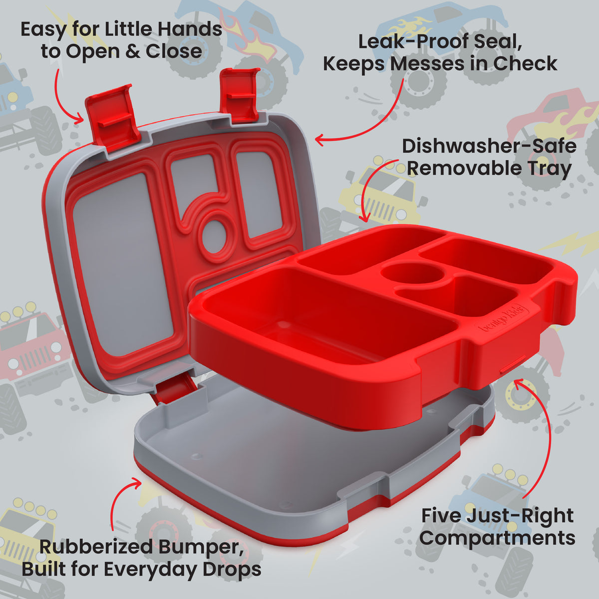Bentgo Kids Prints Lunch Box - Trucks | Easy For Little Hands to Open & Close, Leak-Proof Seal, Keeps Messes In Check, Dishwasher-Safe Removable Tray, Rubberized Bumper, Built for Everyday Drops and Five Just-Right Compartments