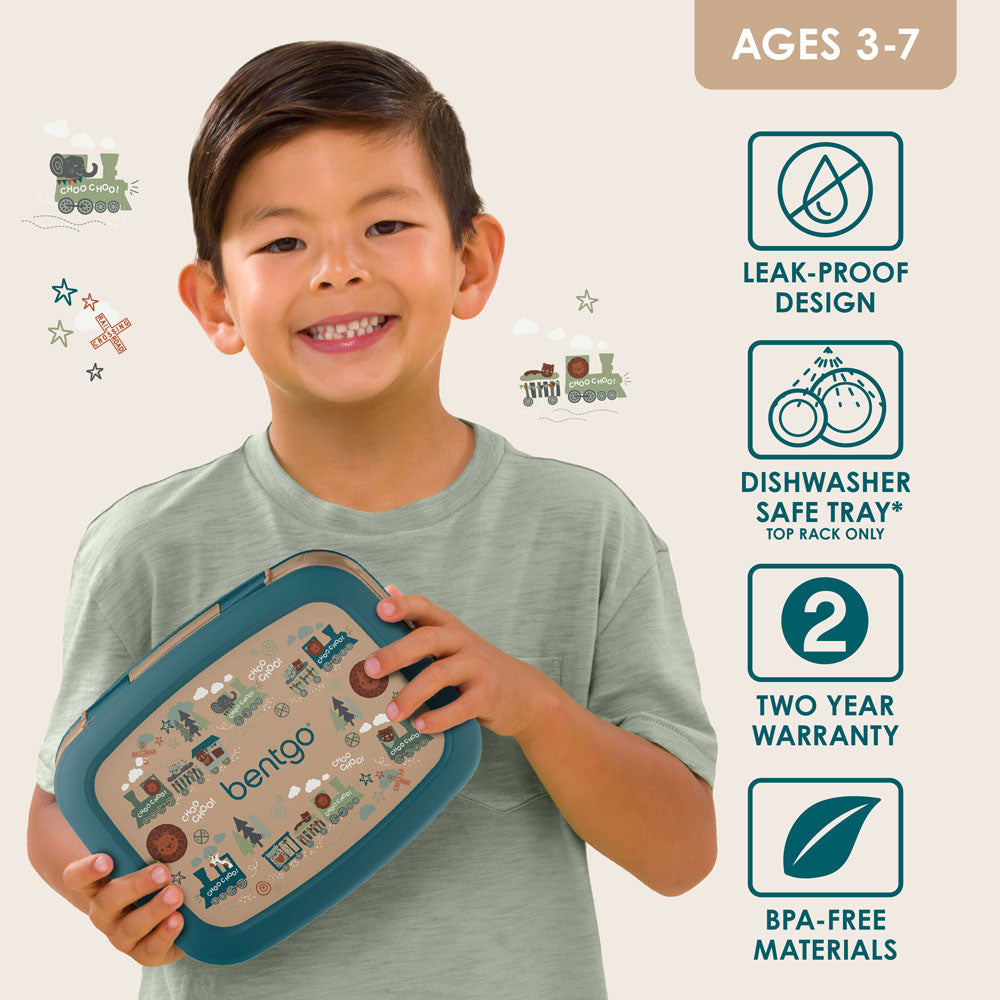 Bentgo Kids Prints Lunch Box - Trains | Leak-Proof Lunch Box Design Made With BPA-Free Materials