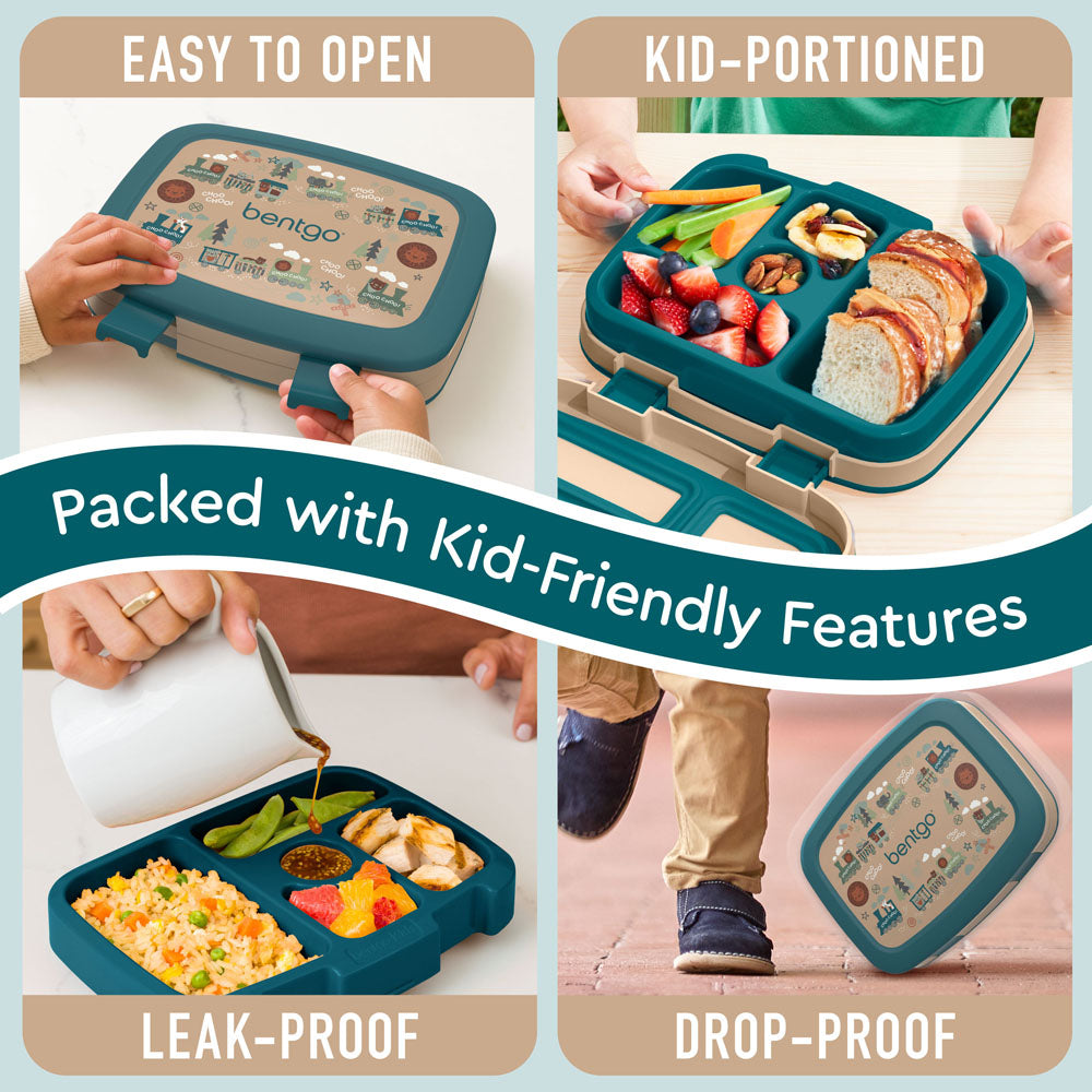 Bentgo Kids Prints Lunch Box - Trains | Kids Lunch Box Packed With Kid-Friendly Features Such As Easy To Open And Drop-Proof