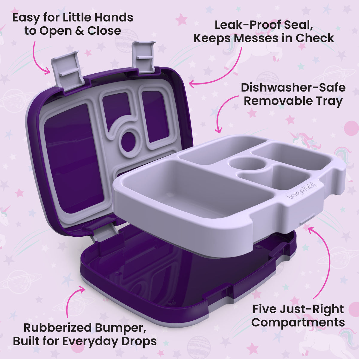 Bentgo Kids Prints Lunch Box - Unicorn | Kids Lunch Box Features Include Easy For Little Hands To Open & Close, Leak-Proof Seal That Keeps Messes In Check, Dishwasher-Safe Removable Tray, Rubberized Bumper Built For Everyday Drops, And Five Just-Right Compartments