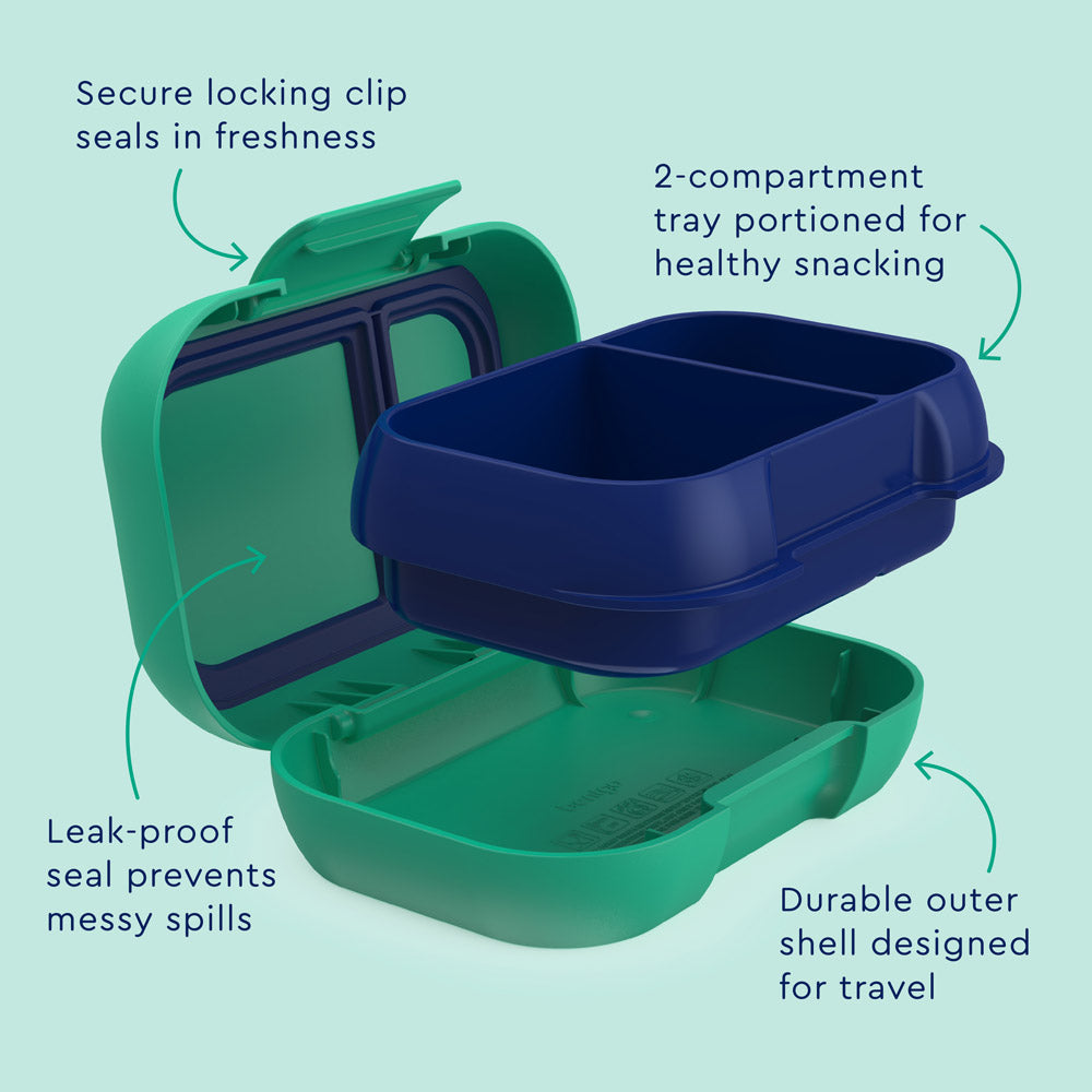 Bentgo® Kids Snack Container- Green/Navy | Secure Locking Clip Seals In Freshness, 2-compartment Tray Portioned For Healthy Snacking, Leak-proof Seal Prevents Messy Spills, And Durable Outer Shell Designed For Travel