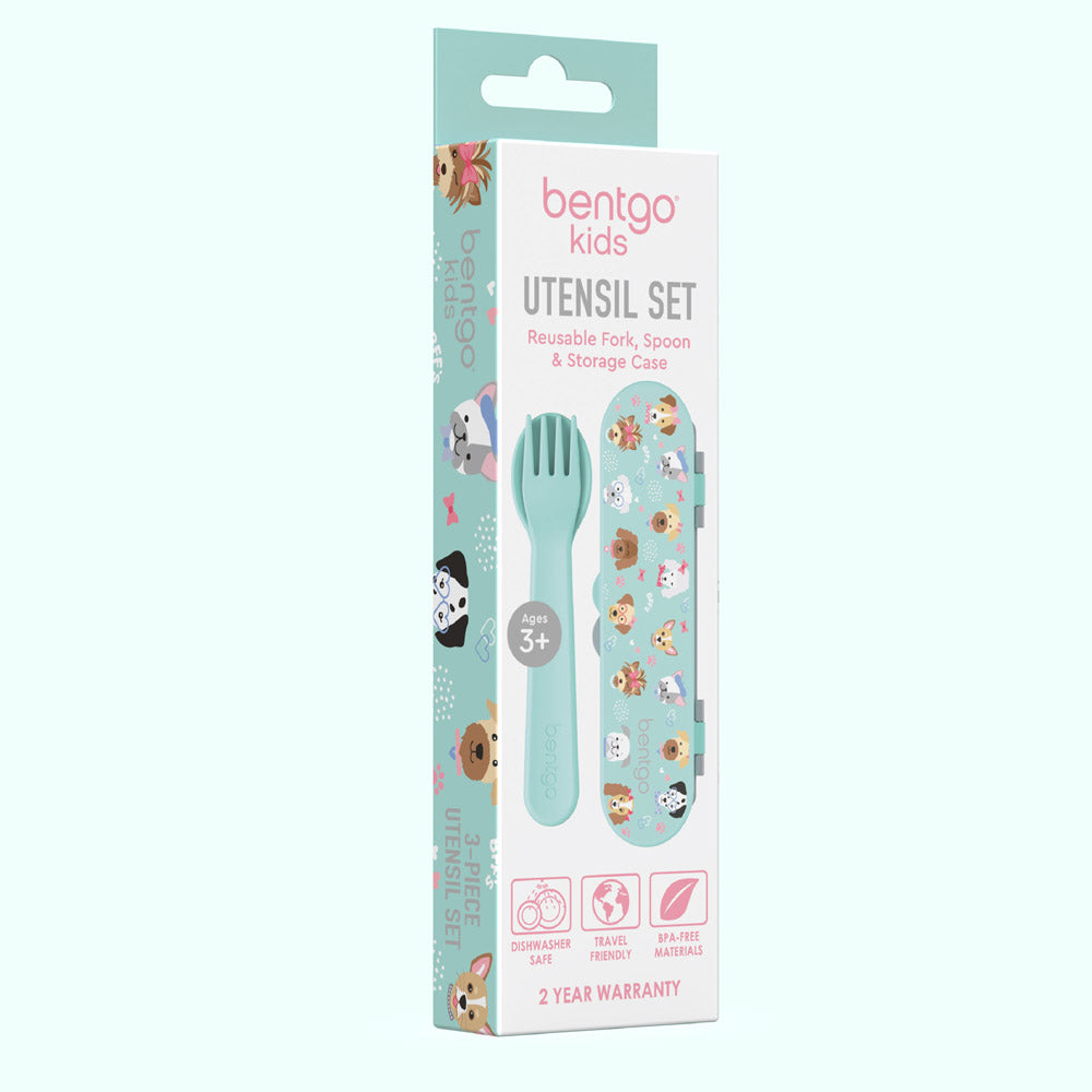 Bentgo® Kids Utensils Set | Puppy Love - 3-Piece Utensil Set including a reusable fork, spoon, and storage case