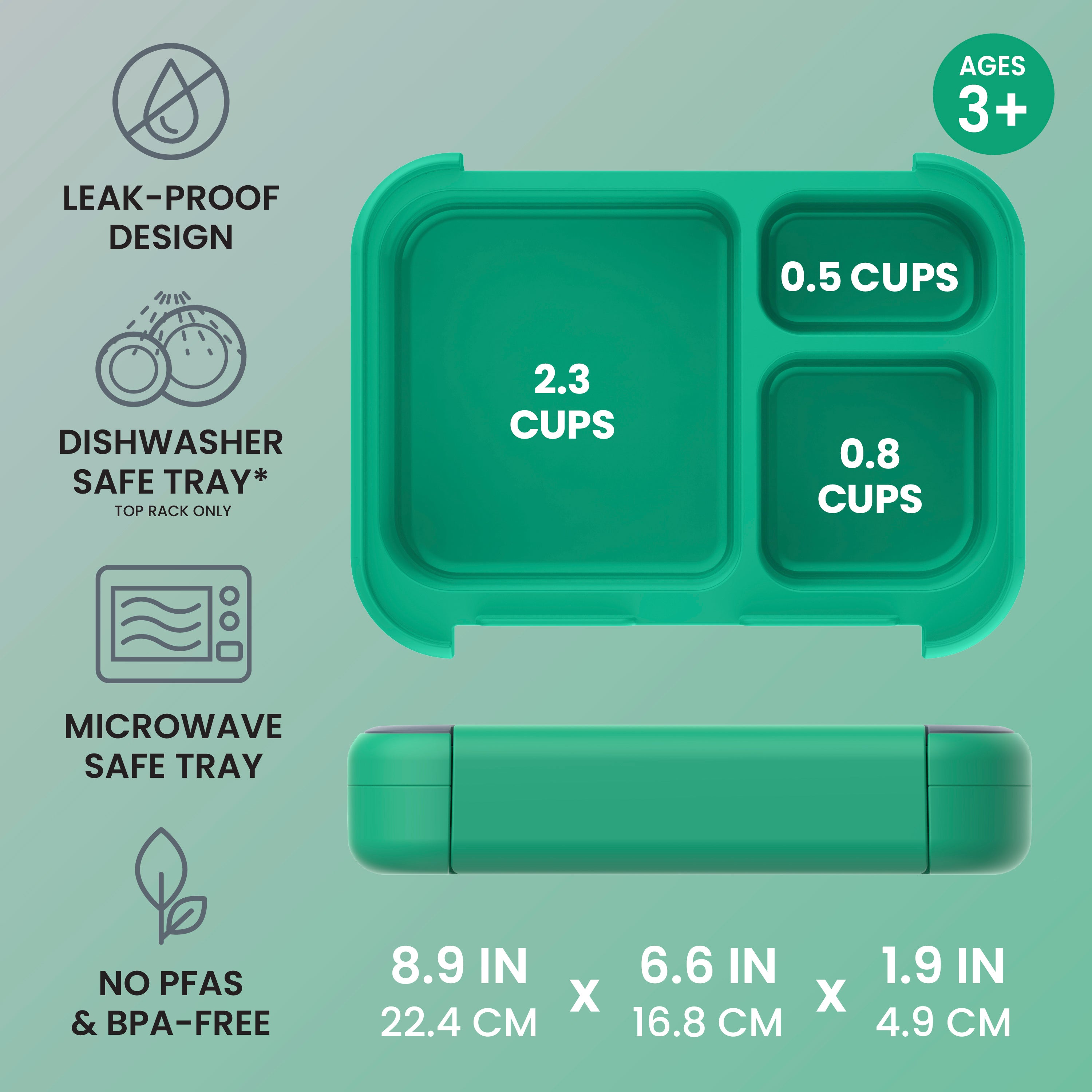 Bentgo Kids Stow & Go Lunch Box - Gray Leaf | Leak-Proof Design, Dishwasher Safe Tray (Top Rack Only), Microwave Safe Tray, and No PFAs & BPA-Free and Product Dimensions