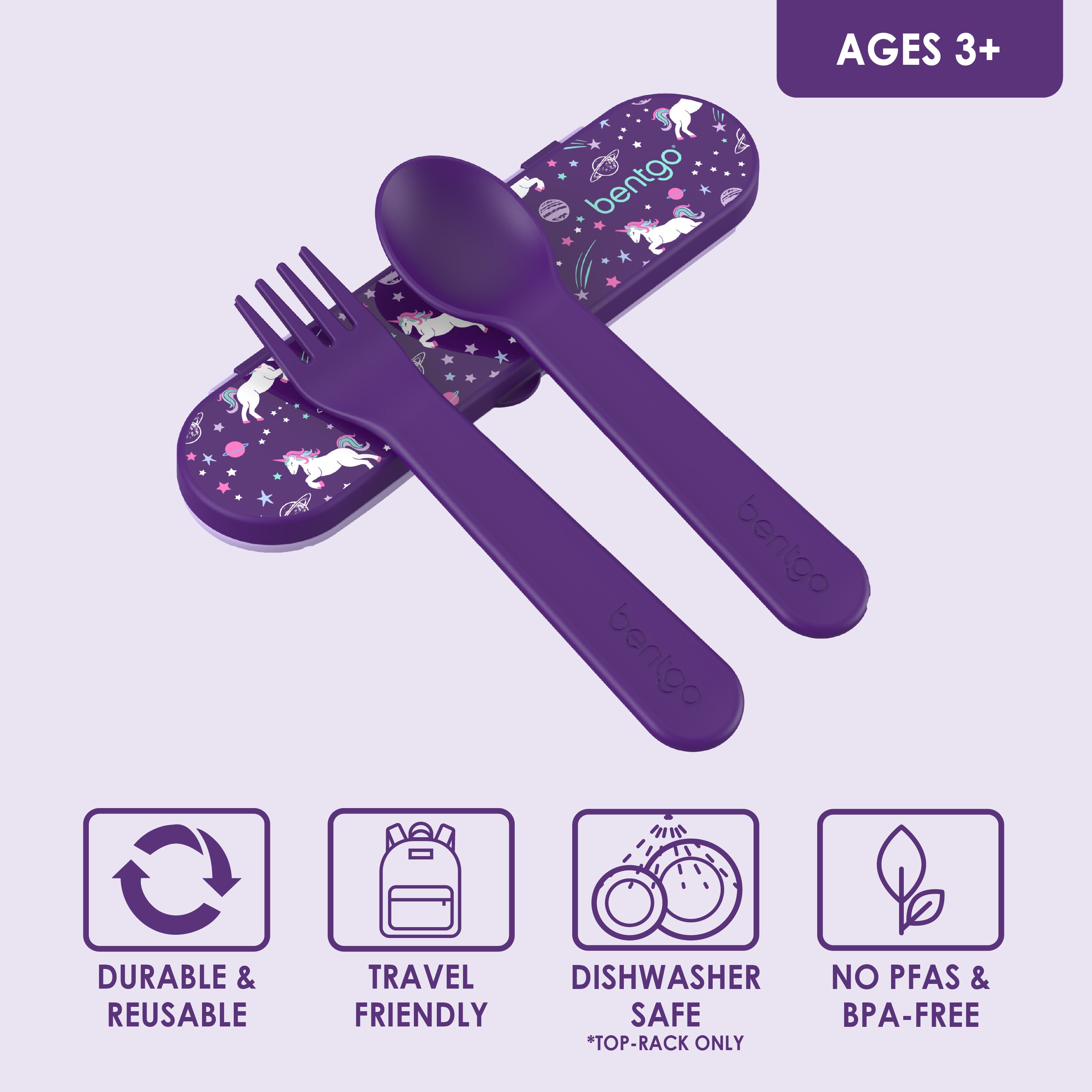 Bentgo® Kids Utensils Set - Unicorn |  Ages 3+ | Durable & Reusable, Travel Friendly, Dishwasher Safe (Top-Rack Only), and No PFAS & BPA-Free