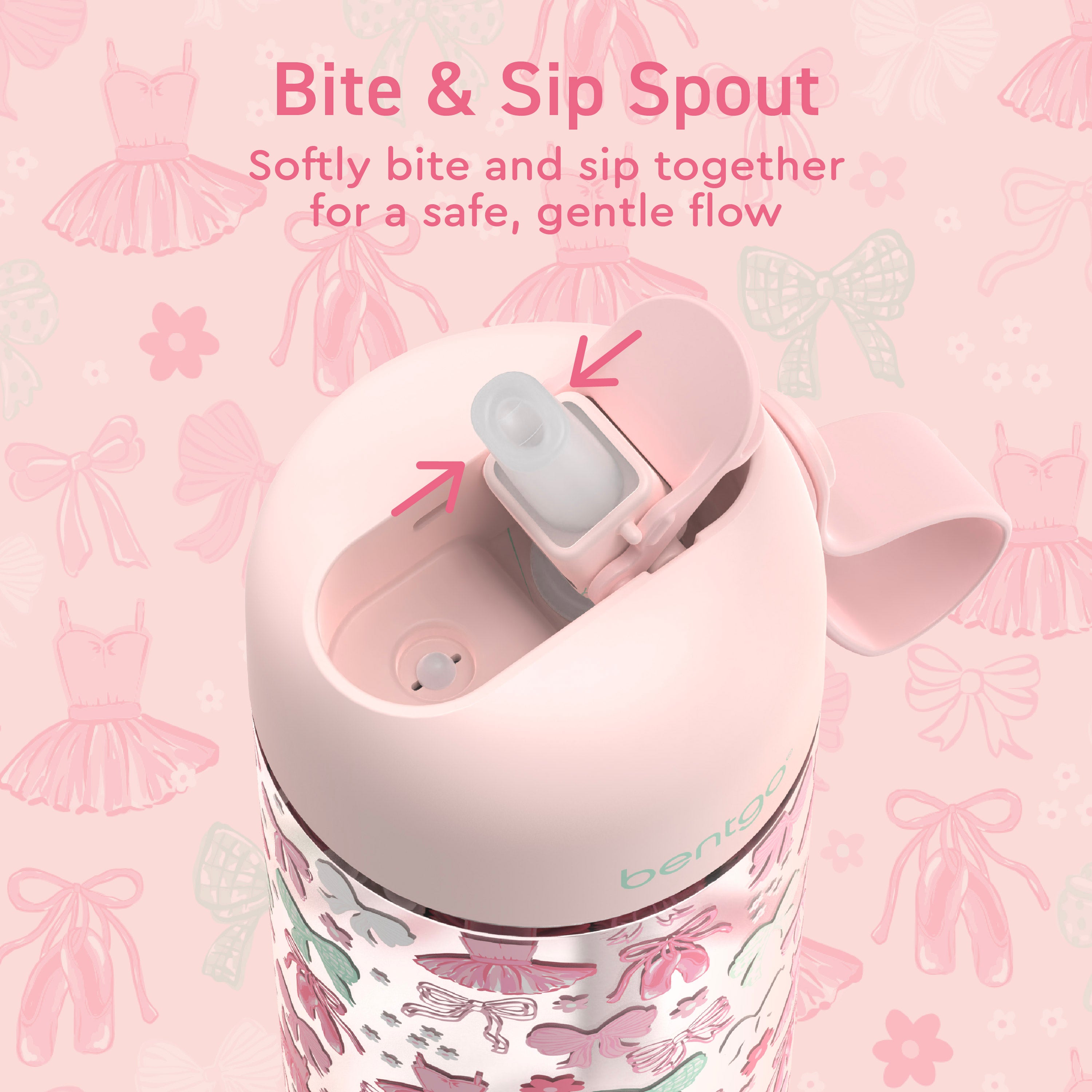 Bentgo Kids Water Bottle - Ballet and Bows | Bite & Sip Spout - Softly Bite And Sip Together For A Safe, Gentle Flow