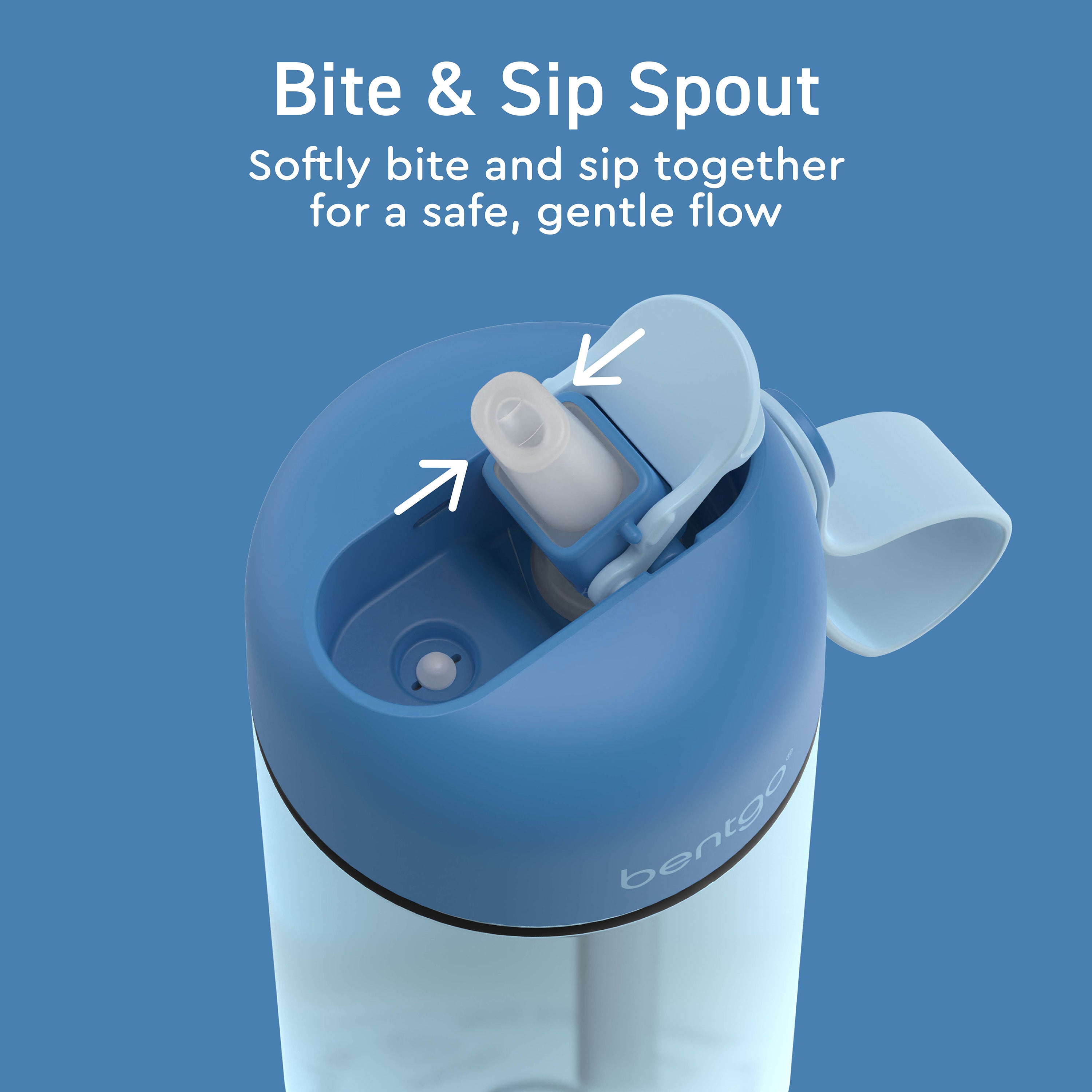 Bentgo® Kids Water Bottle  - Blue | Bite & Sip Spout  - Softly Bite And Sip Together For A Safe, Gentle Flow