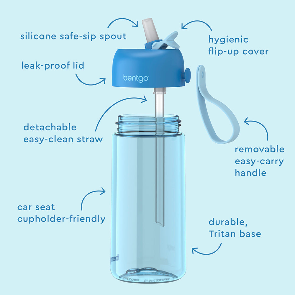 Bentgo® Kids Water Bottle  - Blue | Hygienic Flip-Uo Cover, Silicone Safe-Sip Spout, Leak-Proof Lid, Detachable Easy-Clean Straw, Durable Tritan Base, And Removable Easy-Carry Handle