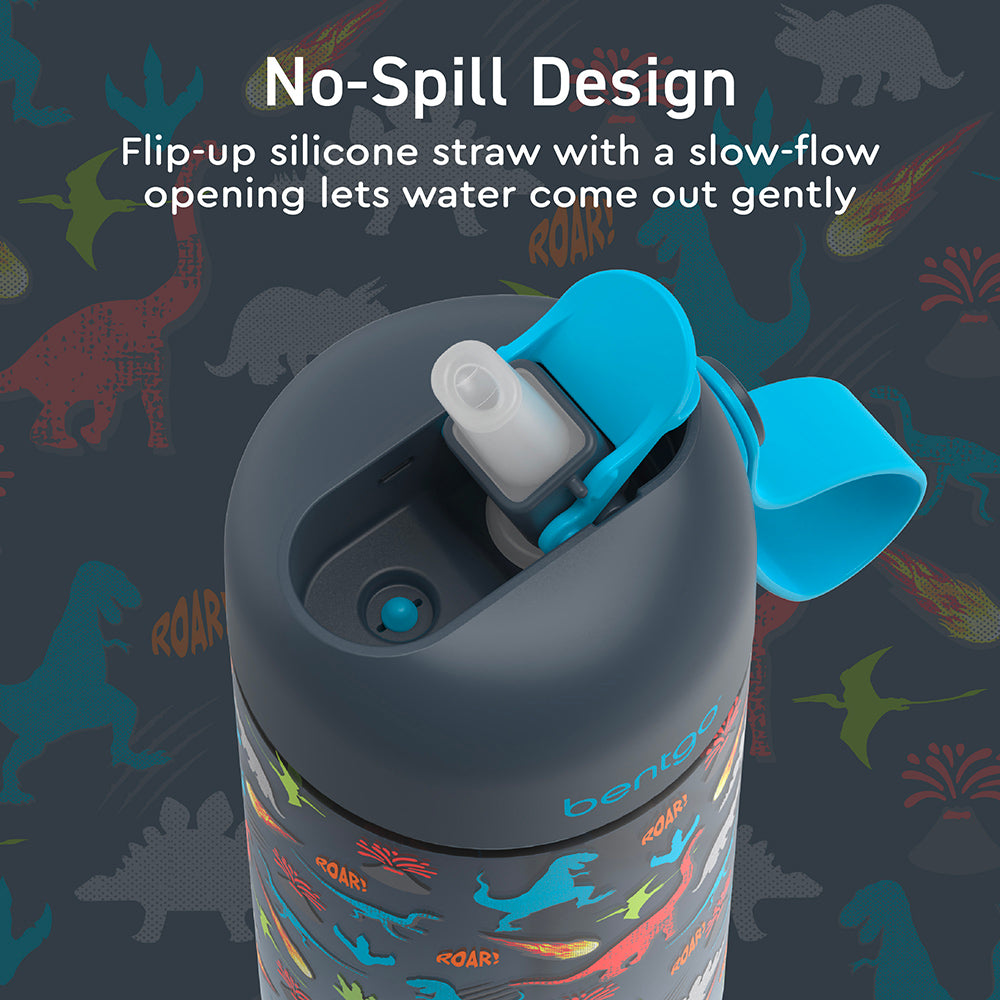 Bentgo® Kids Water Bottle  - Dinosaur | No-Spill Design - Flip-Up Silicone Straw With A Slow-Flow Opening Lets Water Come Out Gently