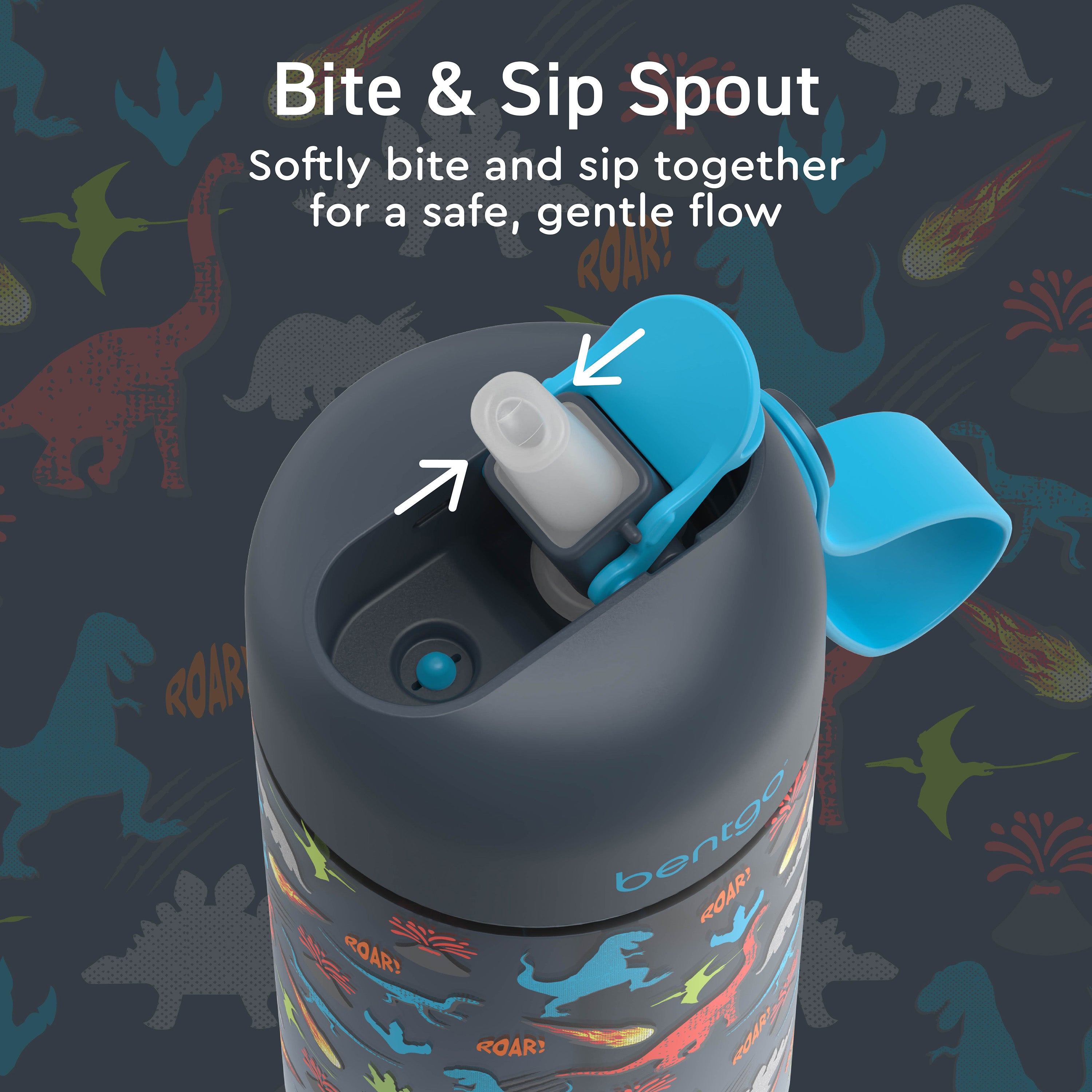 Bentgo® Kids Water Bottle  - Dinosaur | Bite & Sip Spout  - Softly Bite And Sip Together For A Safe, Gentle Flow