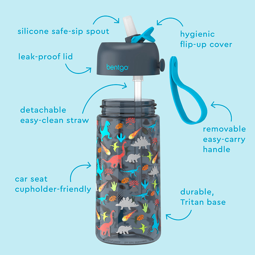 Bentgo® Kids Water Bottle  - Dinosaur | Hygienic Flip-Uo Cover, Silicone Safe-Sip Spout, Leak-Proof Lid, Detachable Easy-Clean Straw, Durable Tritan Base, And Removable Easy-Carry Handle