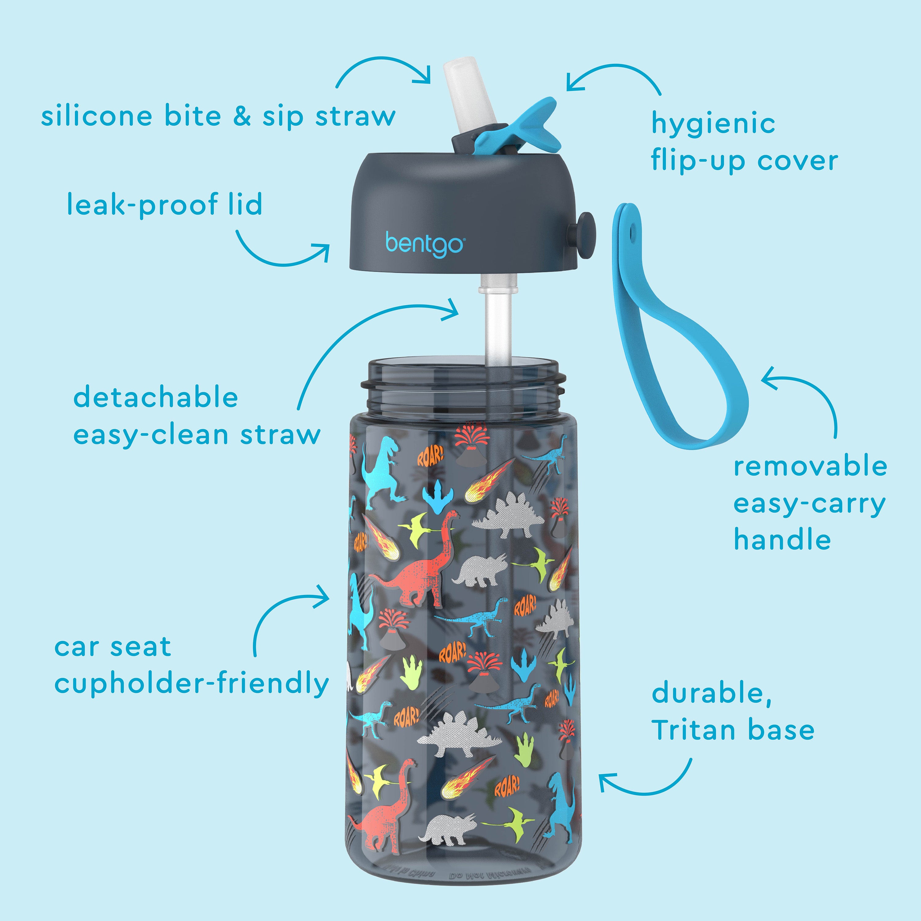 Bentgo® Kids Water Bottle  - Dinosaur | Hygienic Flip-Up Cover, Silicone Bite & Sip Straw, Leak-Proof Lid, Detachable Easy-Clean Straw, Durable Tritan Base, And Removable Easy-Carry Handle