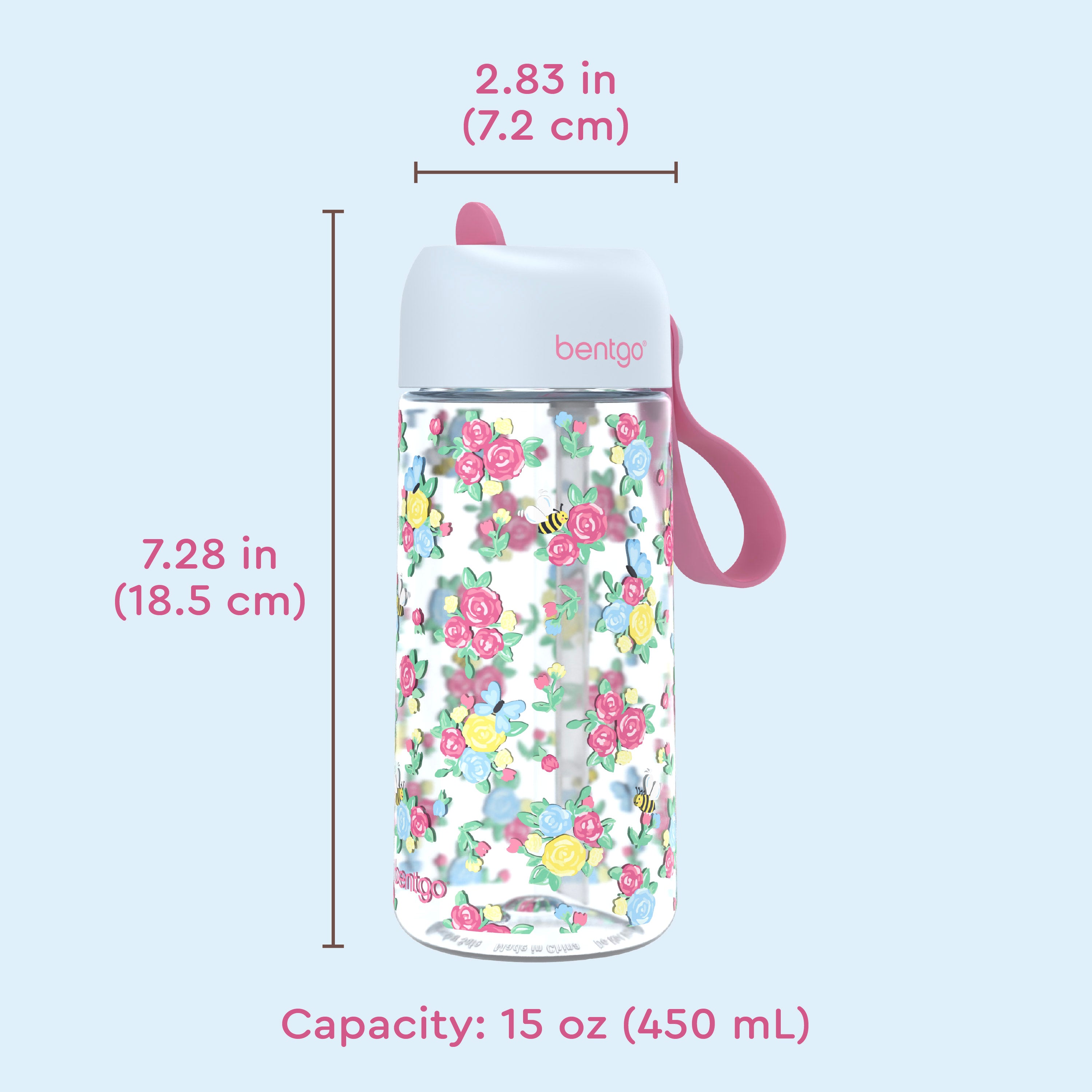 Bentgo Kids Water Bottle - Blooming Floral | Product Dimensions