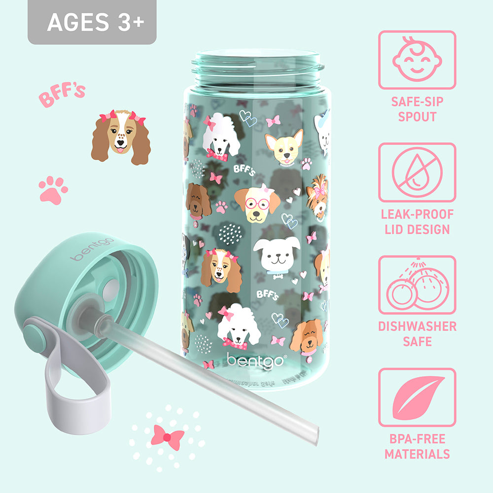 Bentgo® Kids Water Bottle  - Puppy Love | Safe-Sip Spout, Leak-Proof Lid, Dishwasher Safe, And Made With BPA-Free Materials