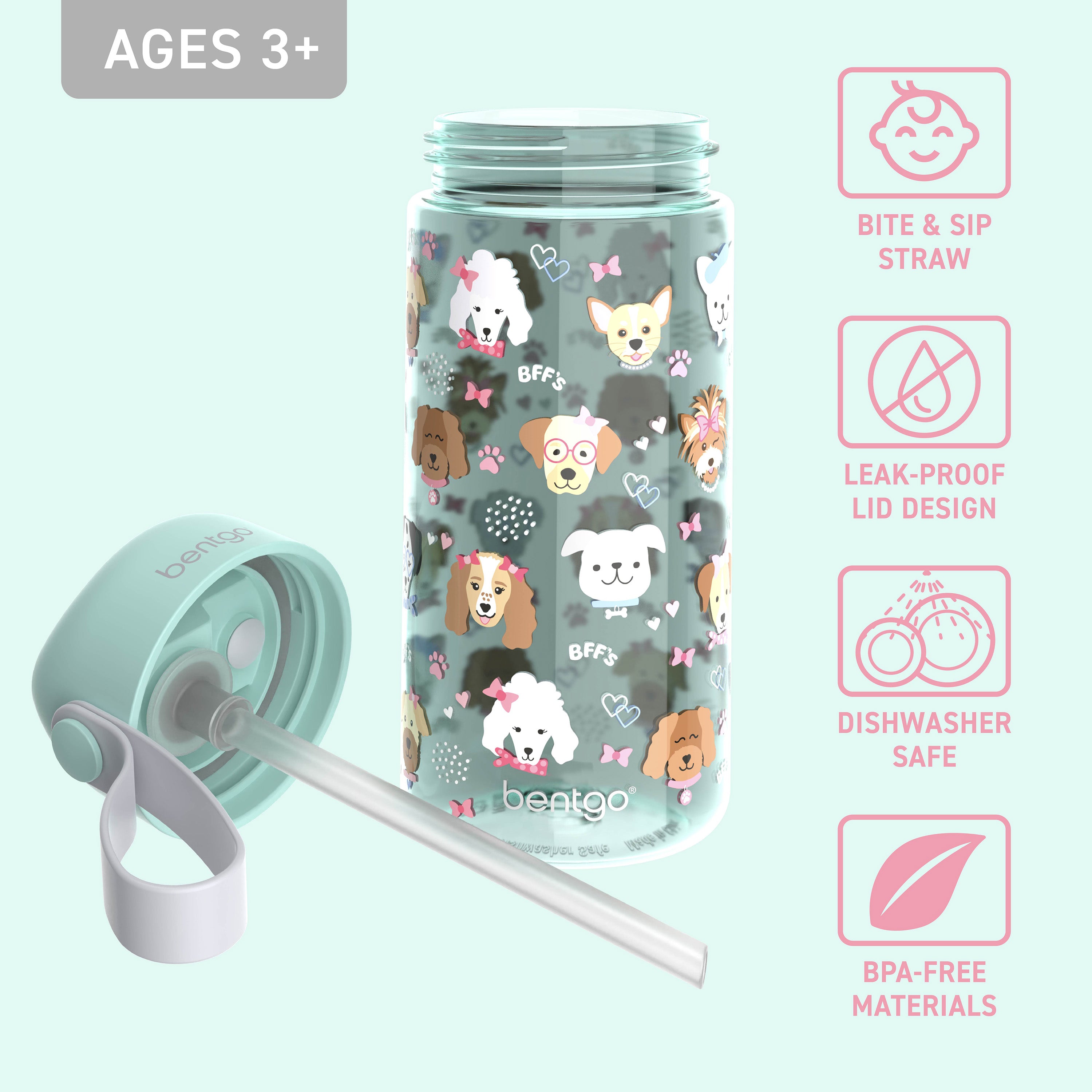 Bentgo® Kids Water Bottle  - Puppy Love | Bite & Sip Straw, Leak-Proof Lid, Dishwasher Safe, And Made With BPA-Free Materials