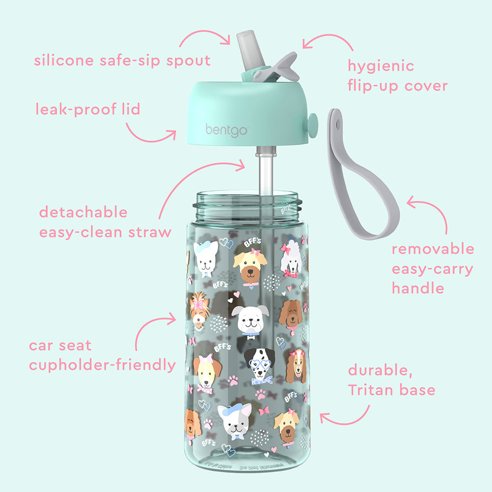 Bentgo® Kids Water Bottle  - Puppy Love | Hygienic Flip-Uo Cover, Silicone Safe-Sip Spout, Leak-Proof Lid, Detachable Easy-Clean Straw, Durable Tritan Base, And Removable Easy-Carry Handle