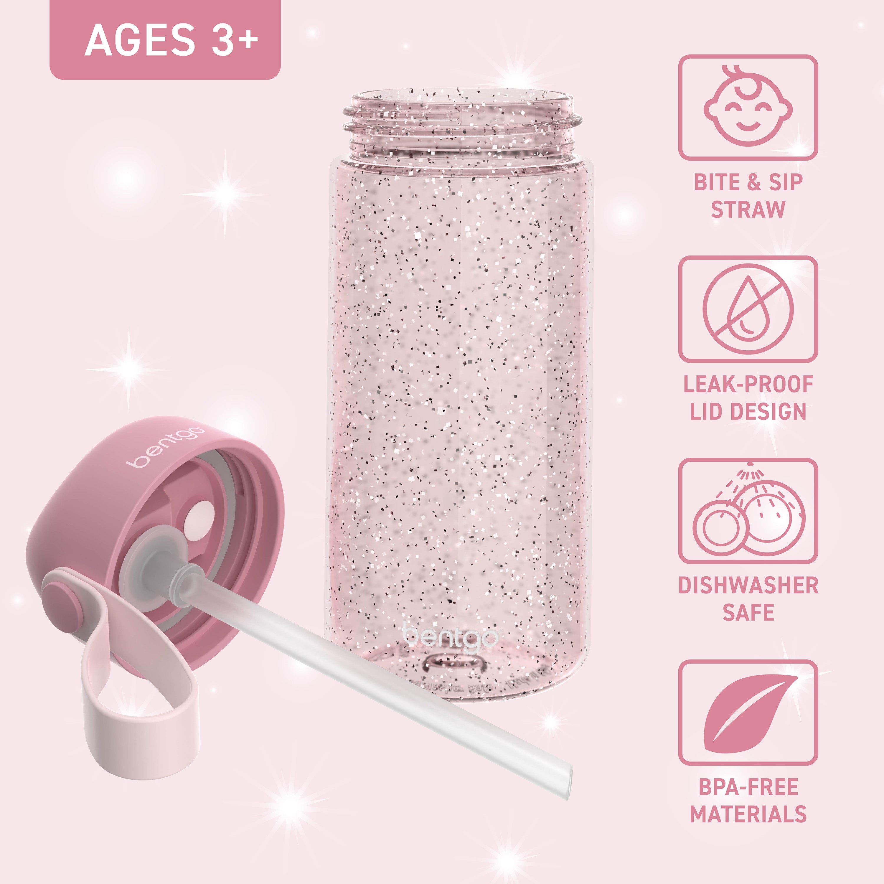 Bentgo® Kids Water Bottle  - Petal Pink Glitter | Bite & Sip Straw, Leak-Proof Lid, Dishwasher Safe, And Made With BPA-Free Materials