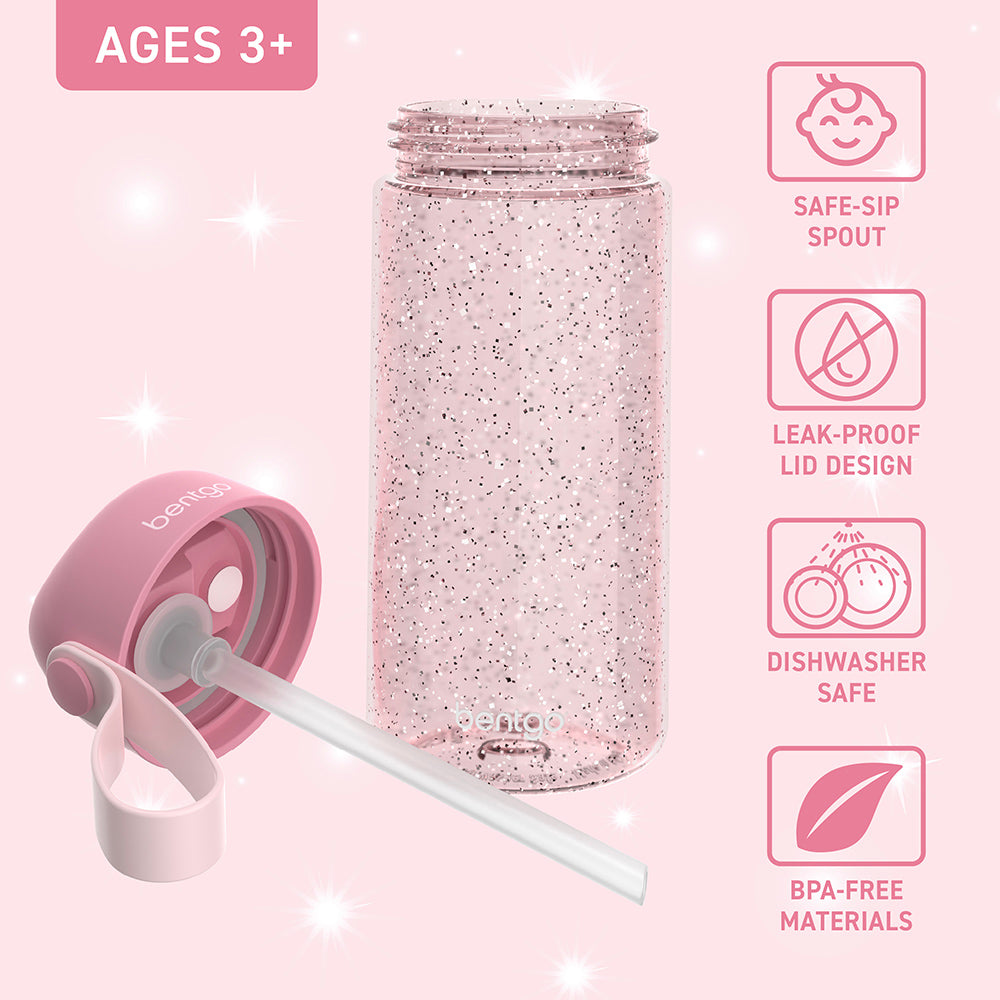 Bentgo® Kids Water Bottle  - Petal Pink Glitter | Safe-Sip Spout, Leak-Proof Lid, Dishwasher Safe, And Made With BPA-Free Materials