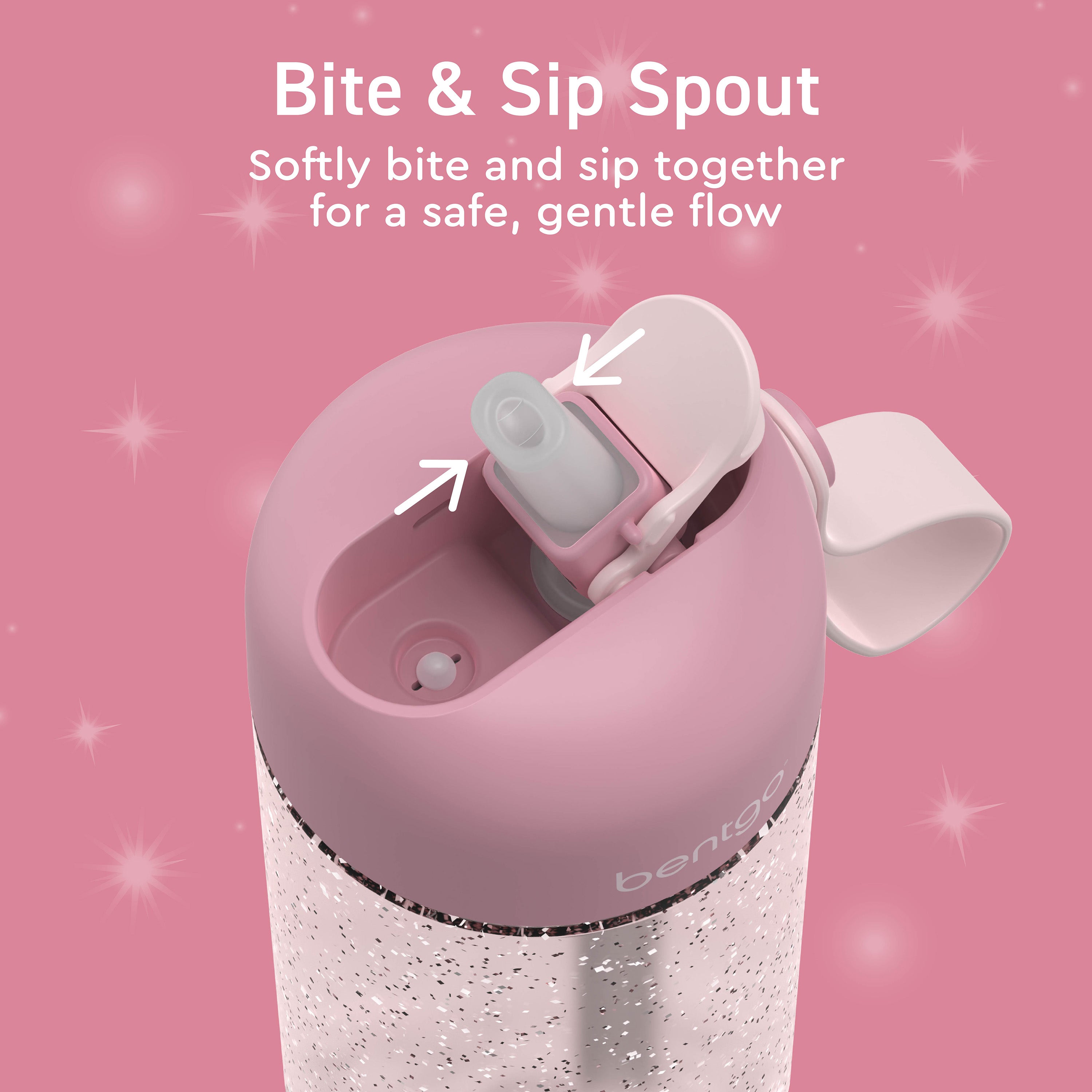 Bentgo® Kids Water Bottle  - Petal Pink Glitter | Bite & Sip Spout  - Softly Bite And Sip Together For A Safe, Gentle Flow