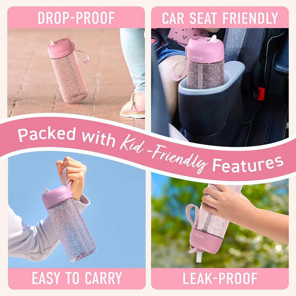 Bentgo® Kids Water Bottle  - Petal Pink Glitter | Made with Kid-Friendly Features - Leak-Proof, Drop-Proof, Car Seat Friendly, And Easy to Carry