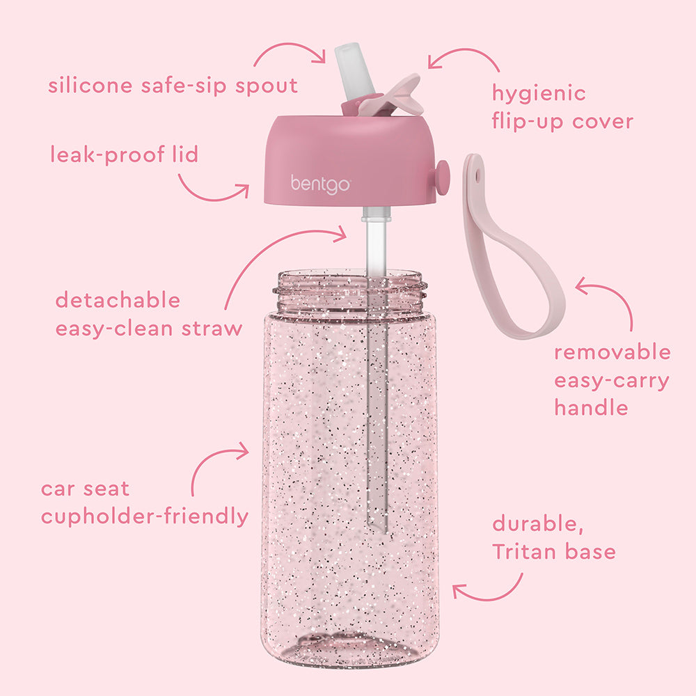 Bentgo® Kids Water Bottle  - Petal Pink Glitter | Hygienic Flip-Uo Cover, Silicone Safe-Sip Spout, Leak-Proof Lid, Detachable Easy-Clean Straw, Durable Tritan Base, And Removable Easy-Carry Handle