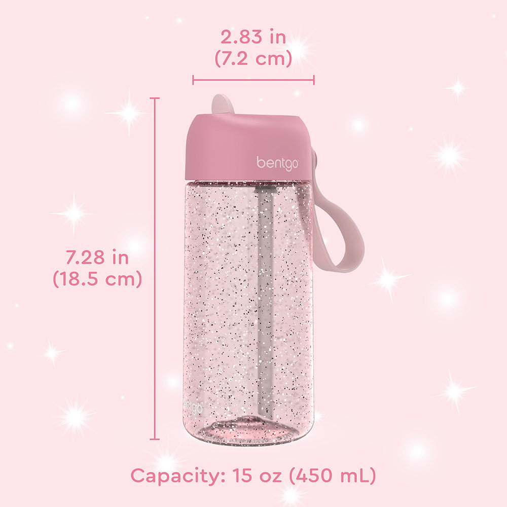 Bentgo® Kids Water Bottle  - Petal Pink Glitter | Dimensions + What’s In The Box