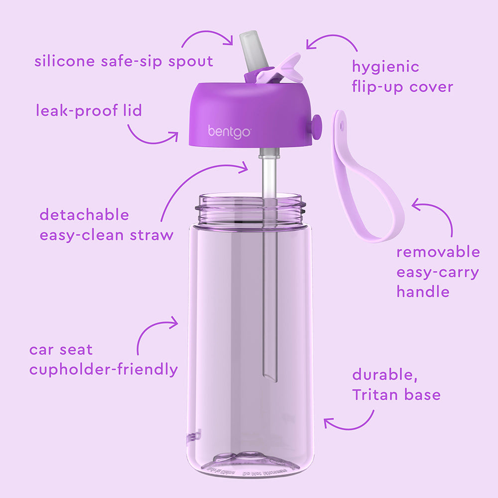 Bentgo® Kids Water Bottle  - Purple | Hygienic Flip-Uo Cover, Silicone Safe-Sip Spout, Leak-Proof Lid, Detachable Easy-Clean Straw, Durable Tritan Base, And Removable Easy-Carry Handle