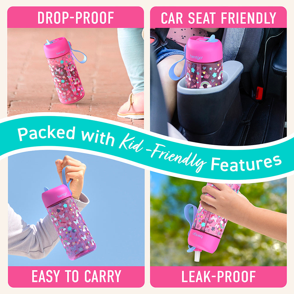 Bentgo® Kids Water Bottle  - Rainbows and Butterflies | Made with Kid-Friendly Features - Leak-Proof, Drop-Proof, Car Seat Friendly, And Easy to Carry