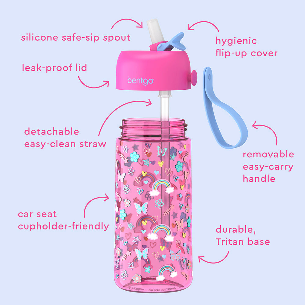 Bentgo® Kids Water Bottle  - Rainbows and Butterflies | Hygienic Flip-Uo Cover, Silicone Safe-Sip Spout, Leak-Proof Lid, Detachable Easy-Clean Straw, Durable Tritan Base, And Removable Easy-Carry Handle