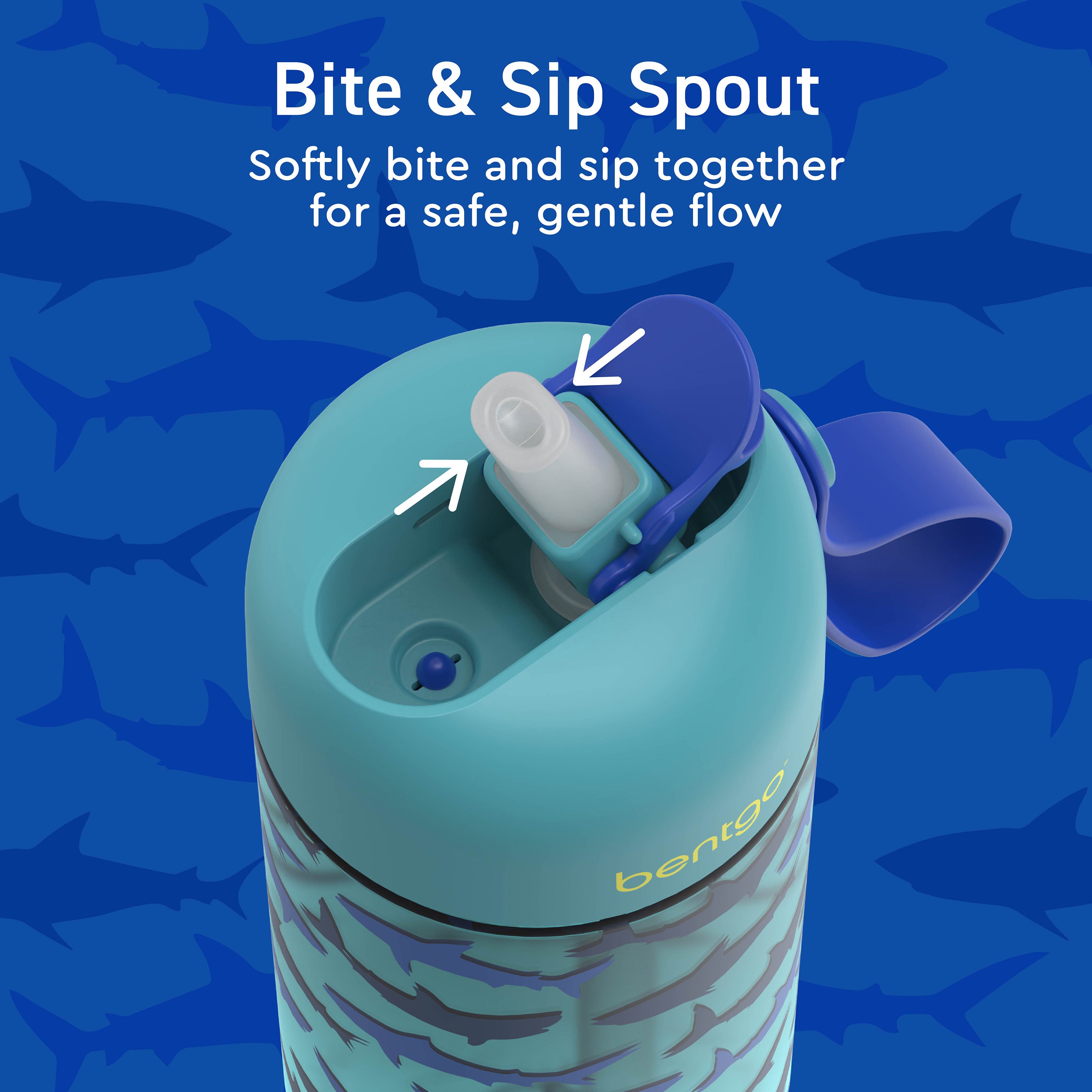 Bentgo® Kids Water Bottle  - Sharks | Bite & Sip Spout  - Softly Bite And Sip Together For A Safe, Gentle Flow
