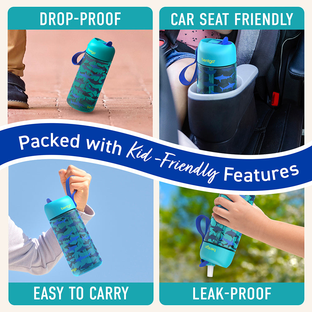 Bentgo® Kids Water Bottle  - Sharks | Made with Kid-Friendly Features - Leak-Proof, Drop-Proof, Car Seat Friendly, And Easy to Carry