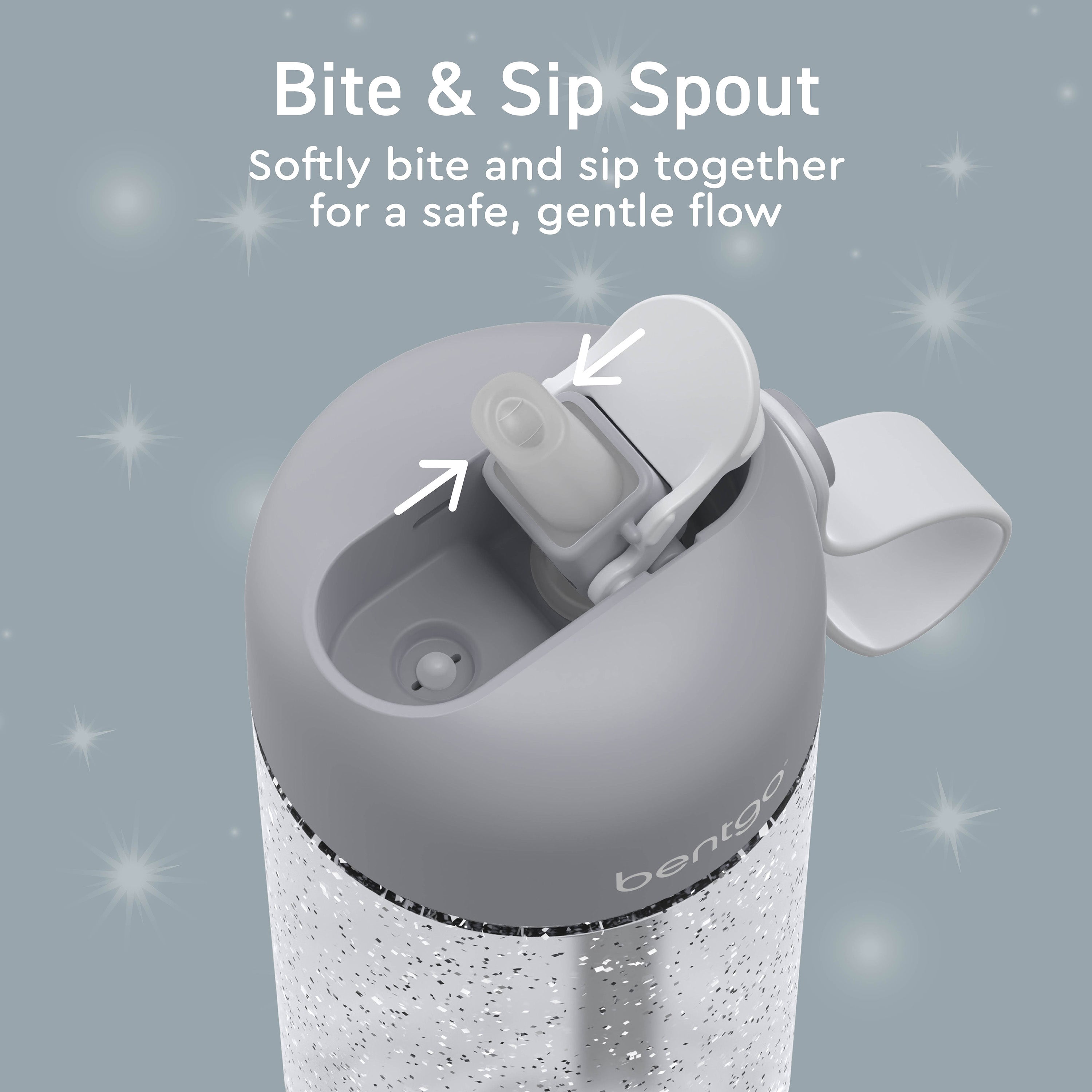 Bentgo® Kids Water Bottle  - Silver Glitter | Bite & Sip Spout  - Softly Bite And Sip Together For A Safe, Gentle Flow
