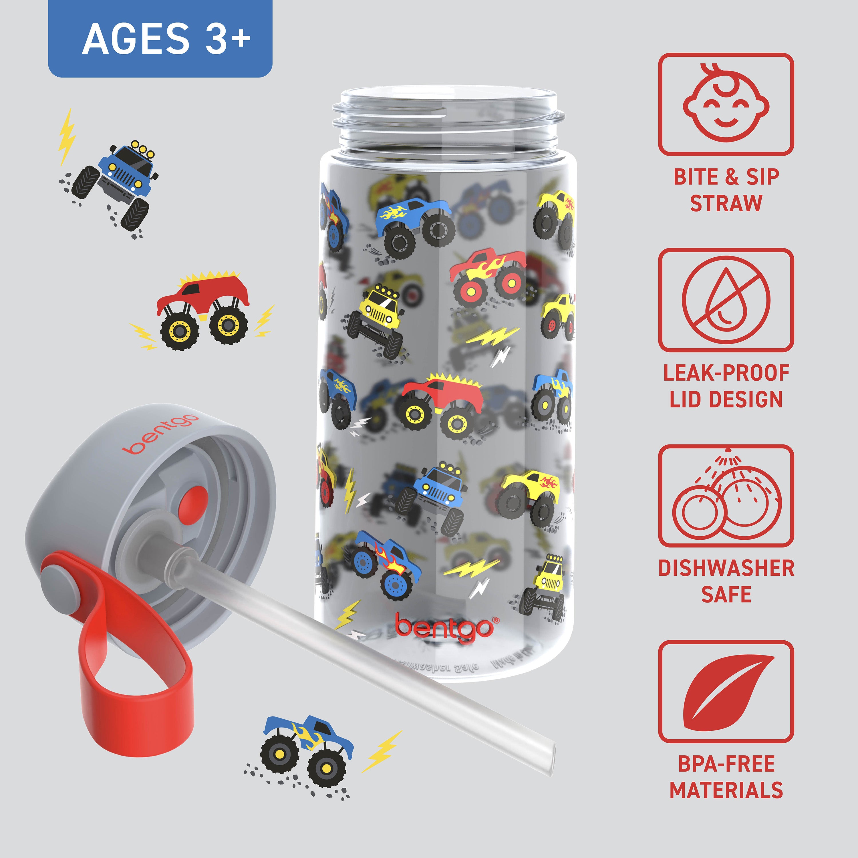 Bentgo® Kids Water Bottle  - Trucks | Bite & Sip Straw, Leak-Proof Lid, Dishwasher Safe, And Made With BPA-Free Materials