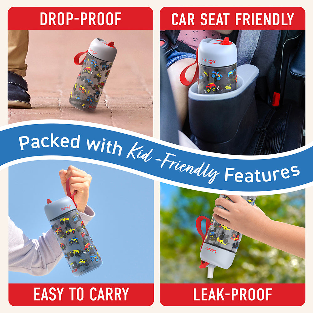 Bentgo® Kids Water Bottle  - Trucks | Made with Kid-Friendly Features - Leak-Proof, Drop-Proof, Car Seat Friendly, And Easy to Carry