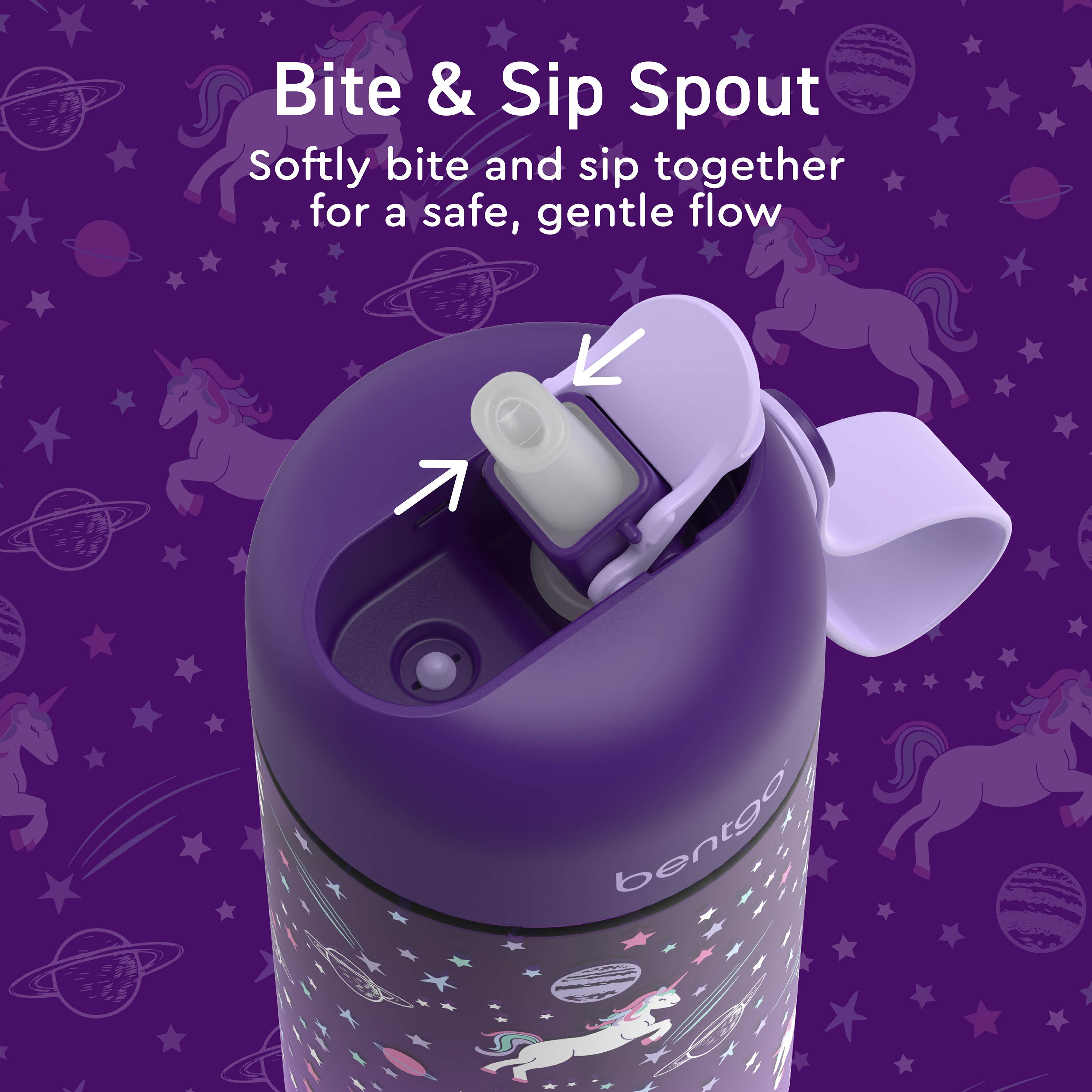 Bentgo® Kids Water Bottle  - Unicorn | Bite & Sip Spout  - Softly Bite And Sip Together For A Safe, Gentle Flow