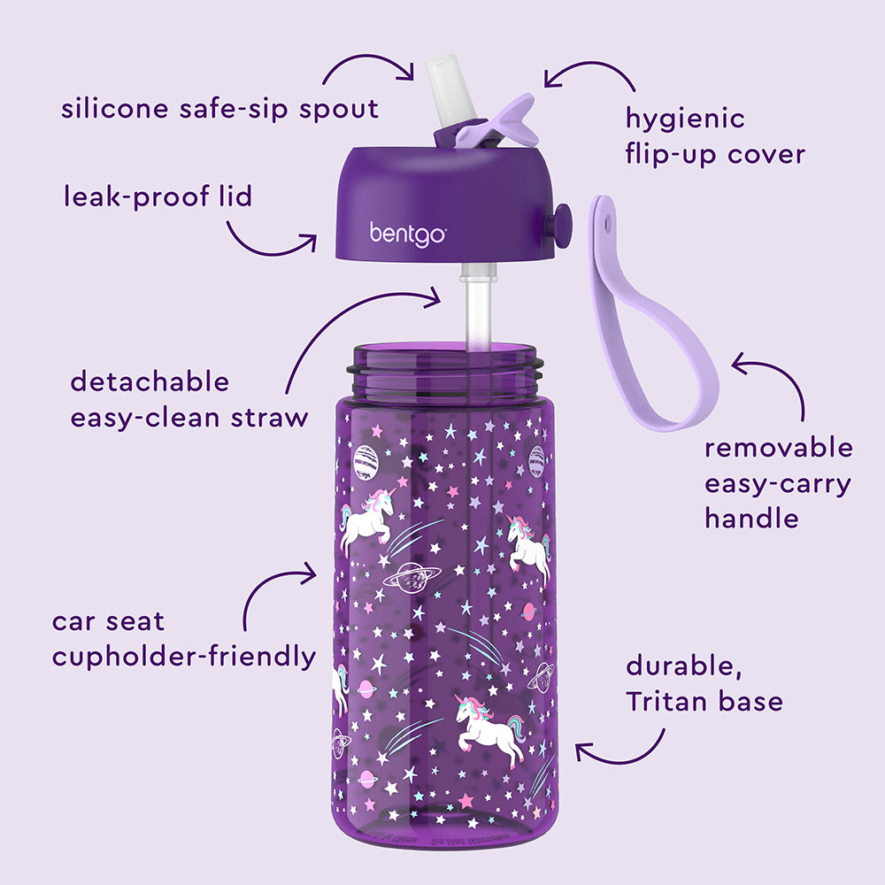 Bentgo® Kids Water Bottle  - Unicorn | Hygienic Flip-Uo Cover, Silicone Safe-Sip Spout, Leak-Proof Lid, Detachable Easy-Clean Straw, Durable Tritan Base, And Removable Easy-Carry Handle