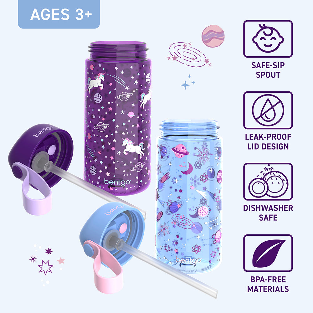 Bentgo® Kids Prints Water Bottle (2-Pack) - Unicorn/Lavender Galaxy | Safe-Sip Spout, Leak-Proof Lid, Dishwasher Safe, And Made With BPA-Free Materials